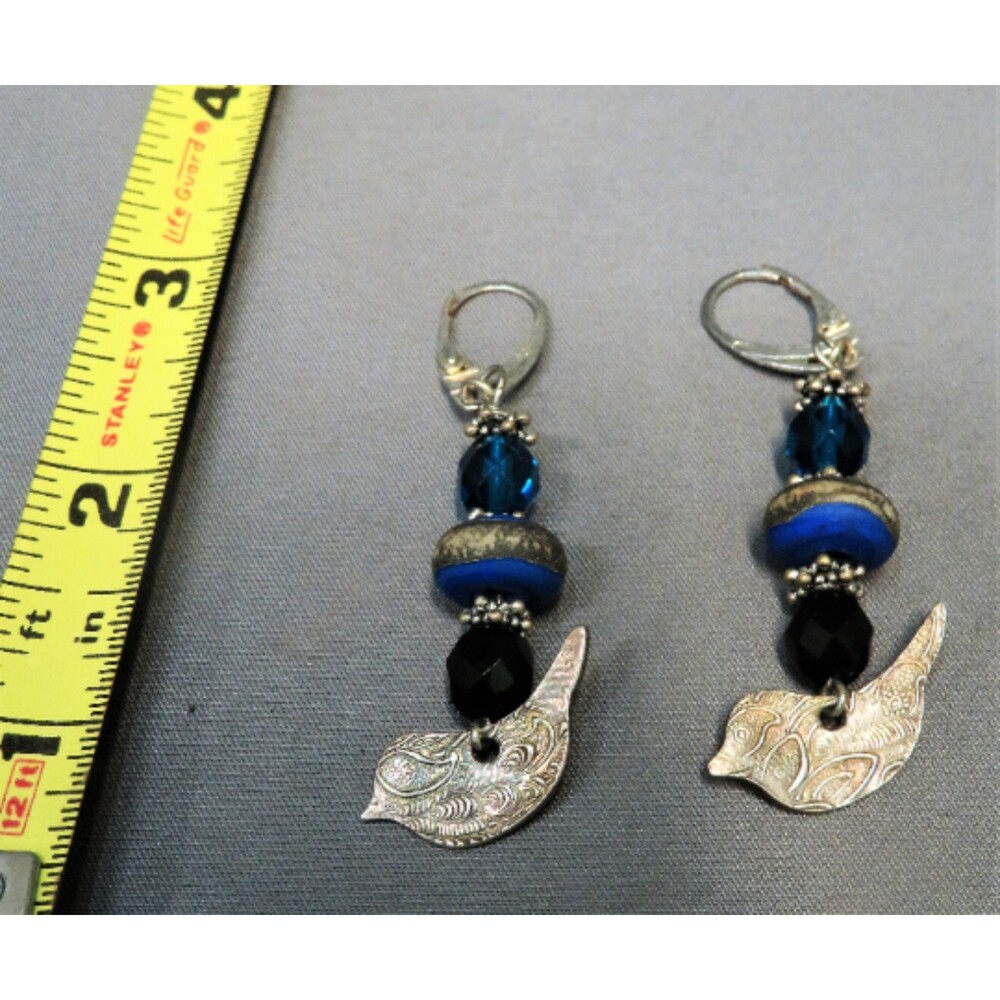 Fantastic sterling handcrafted birds blue grey black lampwork beaded earrings